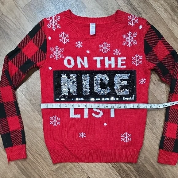 RED AND BLACK NICE AND NAUGHTY LIST SWIPE REVERSIBLE CHRISTMAS SWEATER SIZE M - Picture 10 of 15